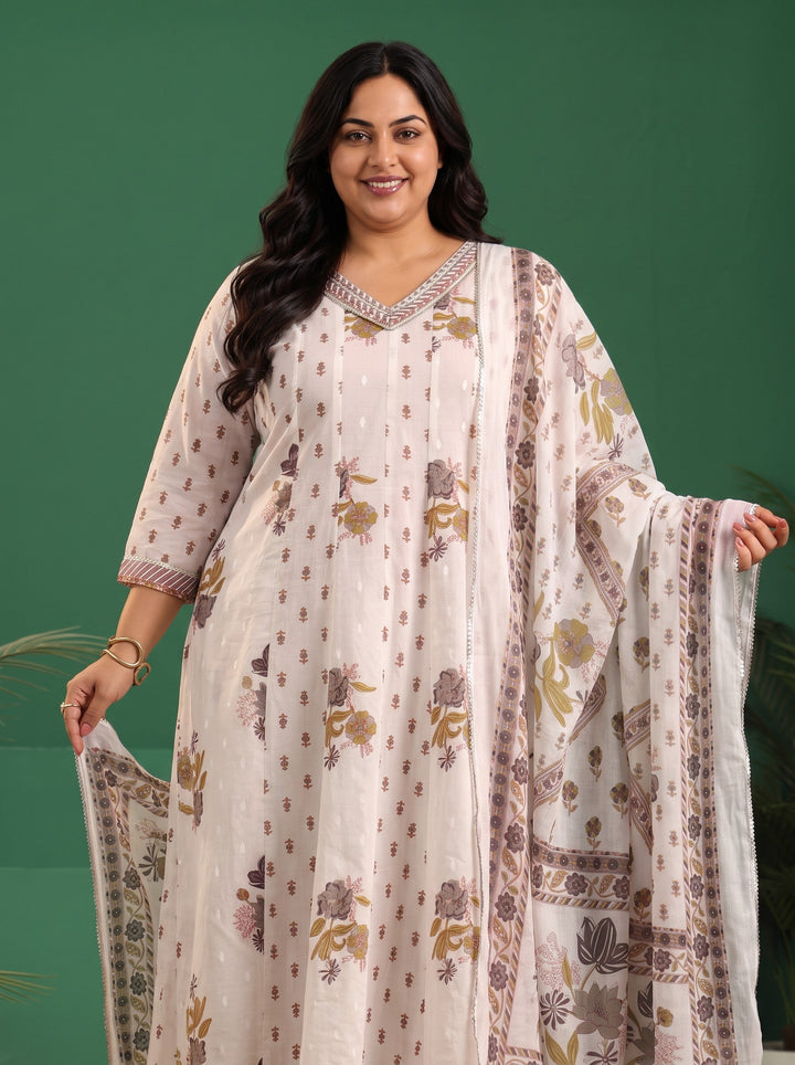 Plus Size Off White Floral Printed Cotton Anarkali Suit Set