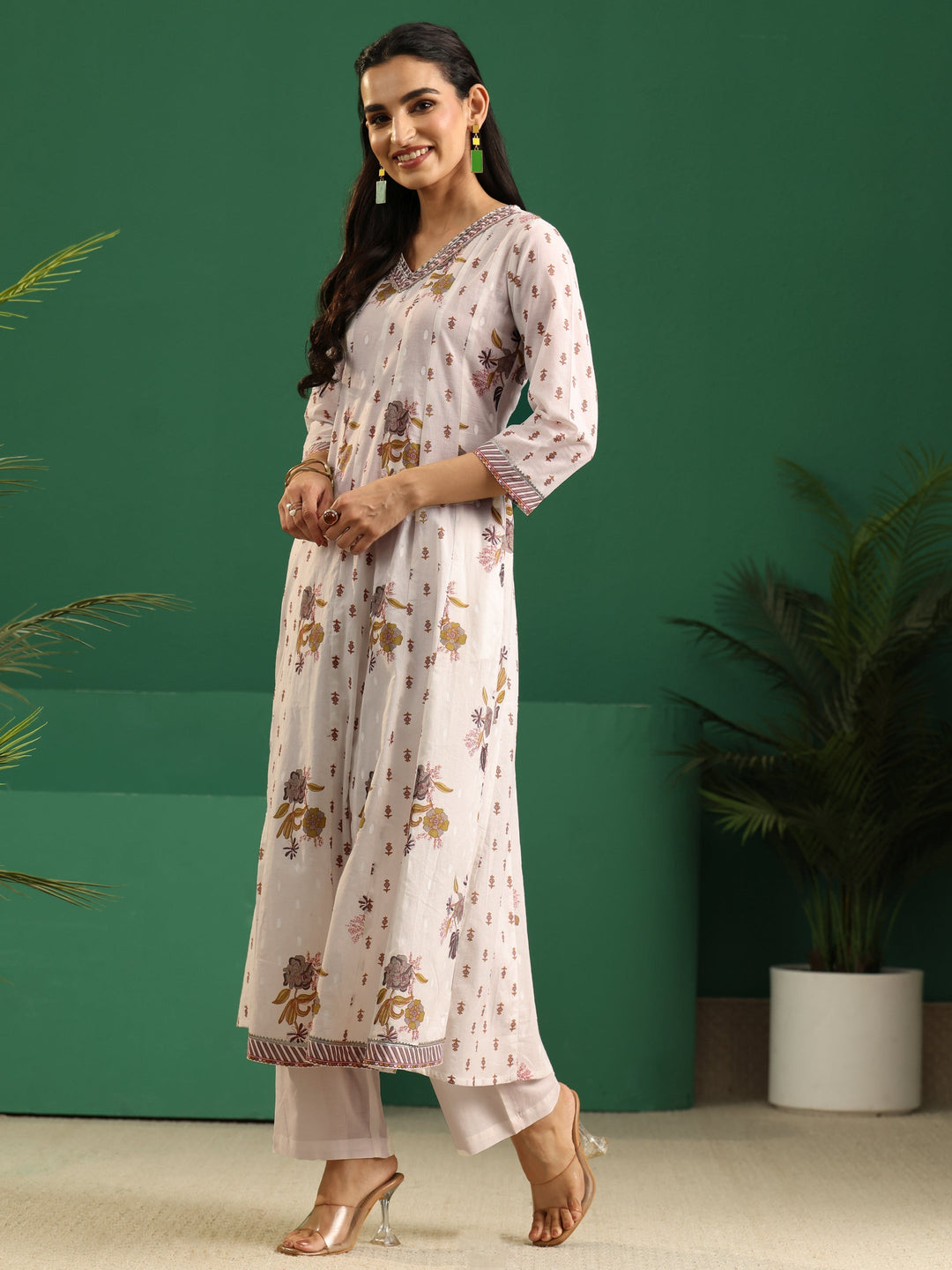 Libas Off White Floral Printed Cotton Anarkali Suit Set