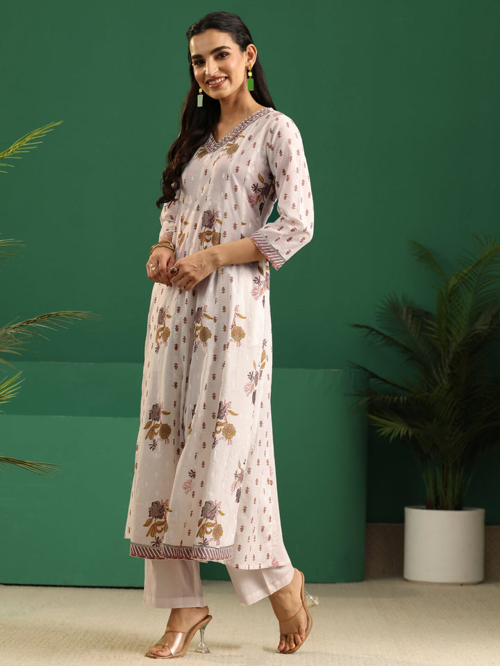 Libas Off White Floral Printed Cotton Anarkali Suit Set