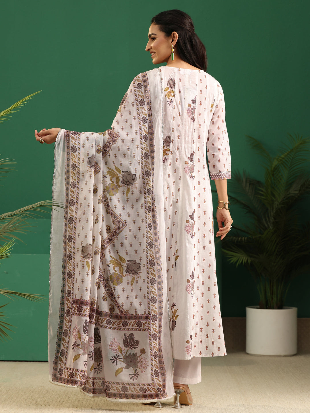 Libas Off White Floral Printed Cotton Anarkali Suit Set