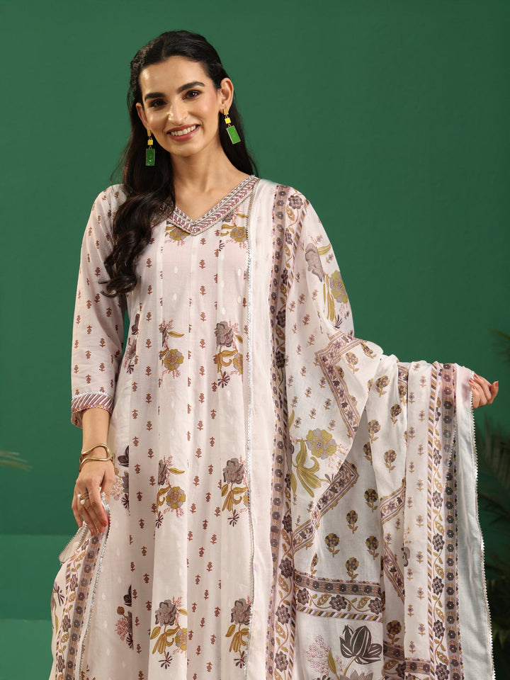 Libas Off White Floral Printed Cotton Anarkali Suit Set