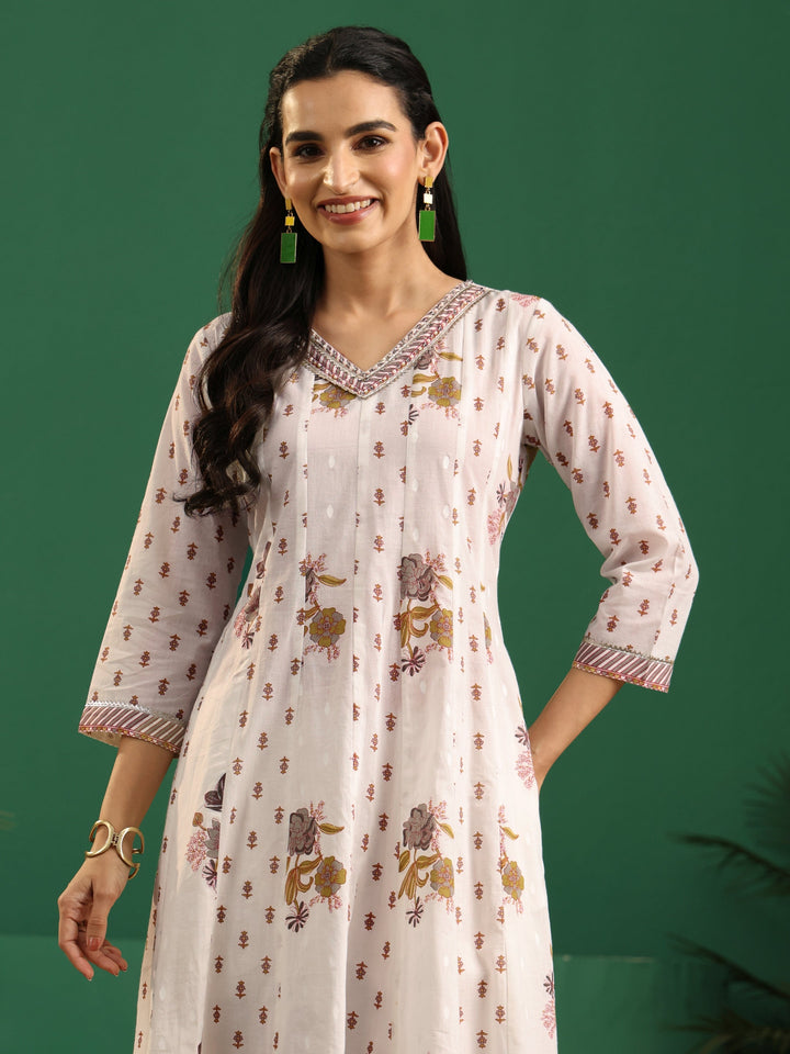 Libas Off White Floral Printed Cotton Anarkali Suit Set