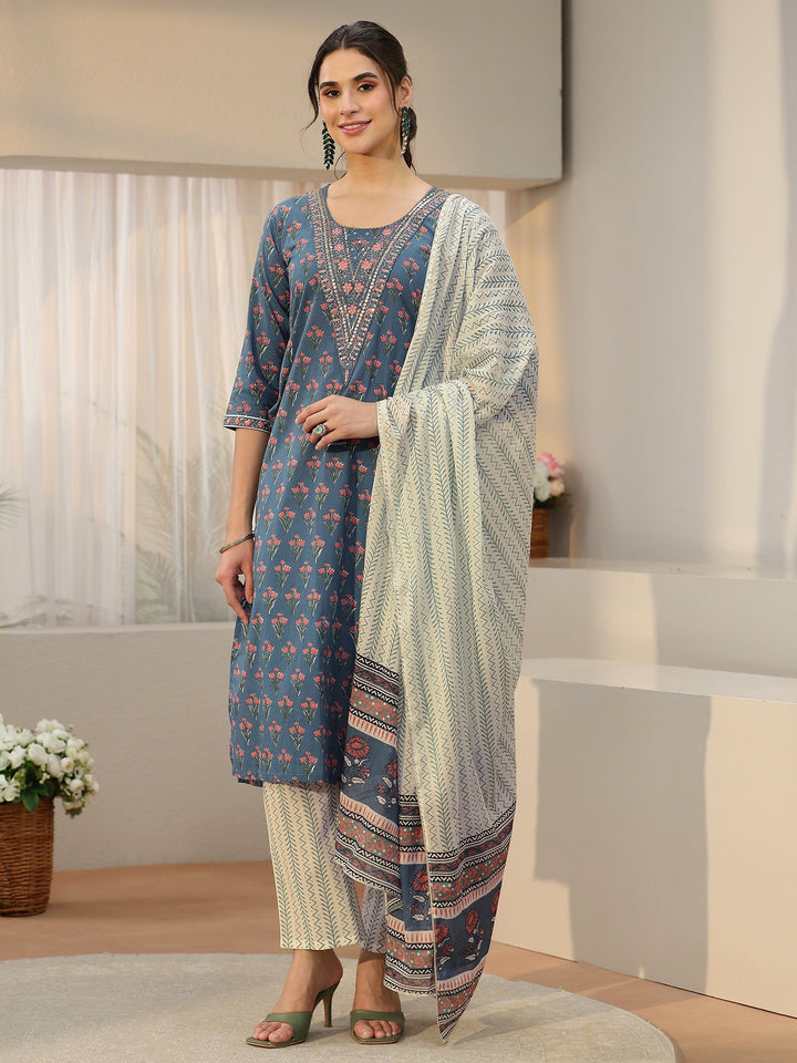 Libas Dusty Blue Floral Printed Cotton Straight Suit Set