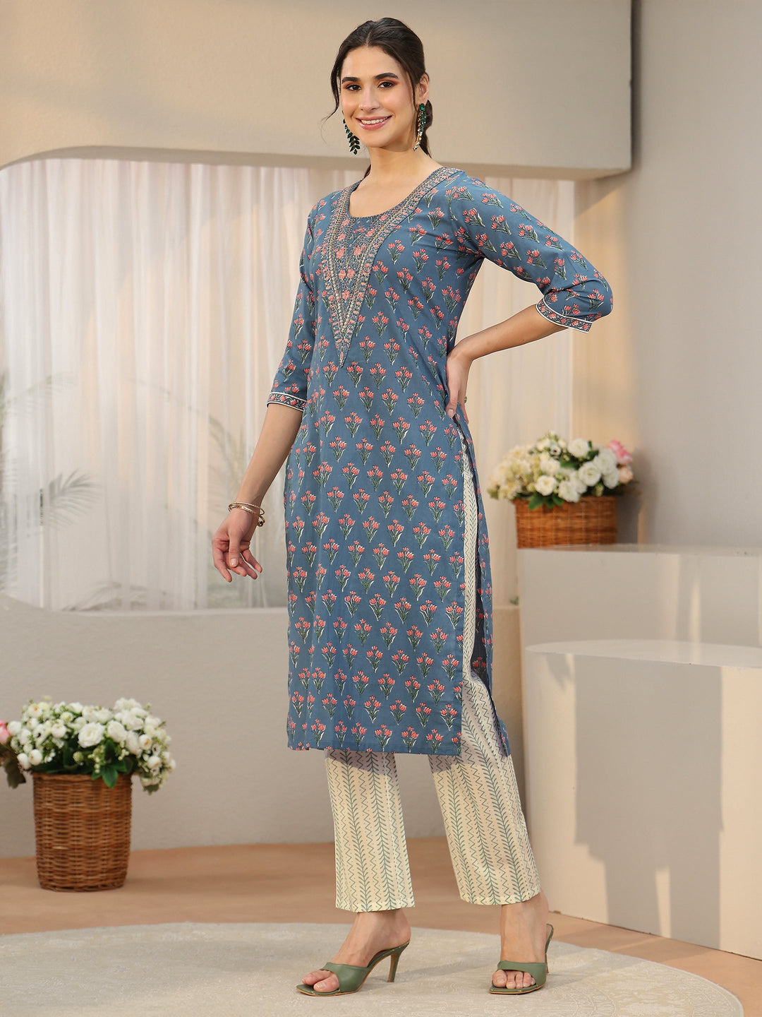 Libas Dusty Blue Floral Printed Cotton Straight Suit Set