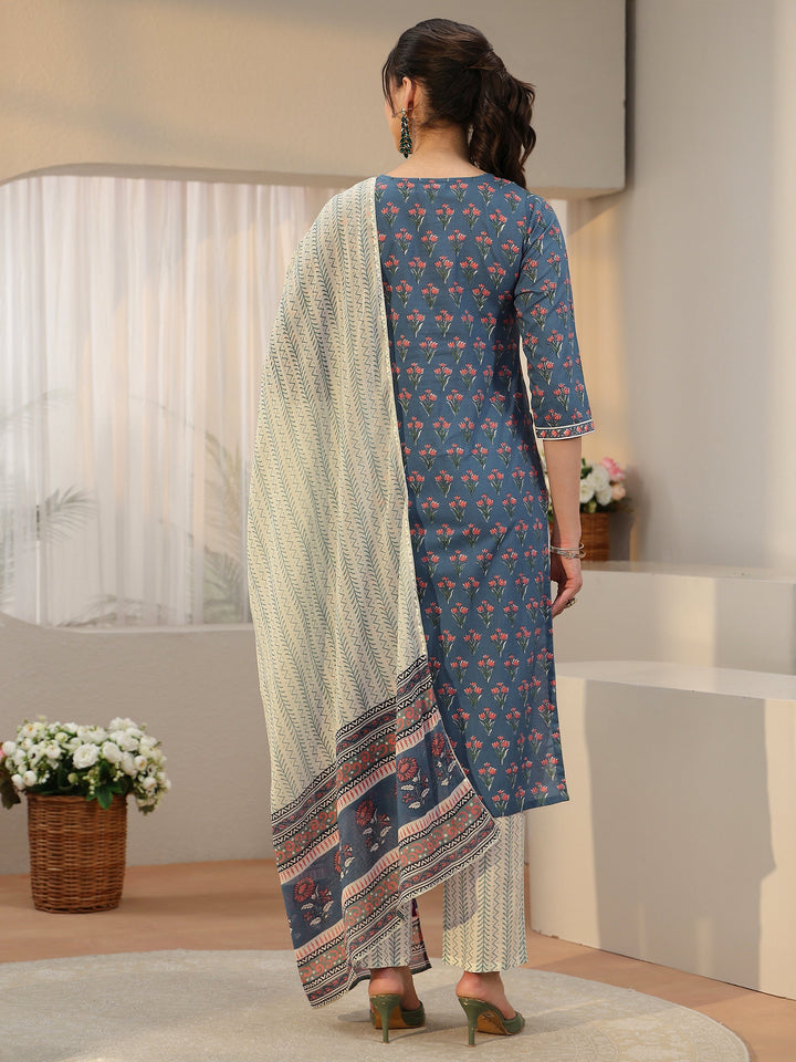 Libas Dusty Blue Floral Printed Cotton Straight Suit Set