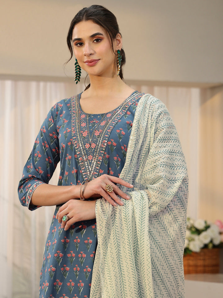 Libas Dusty Blue Floral Printed Cotton Straight Suit Set