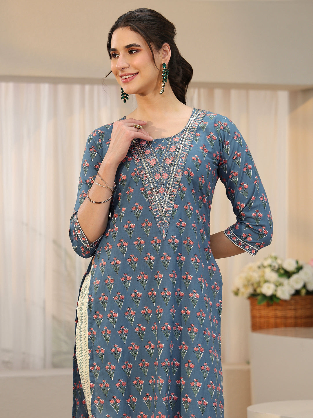 Libas Dusty Blue Floral Printed Cotton Straight Suit Set