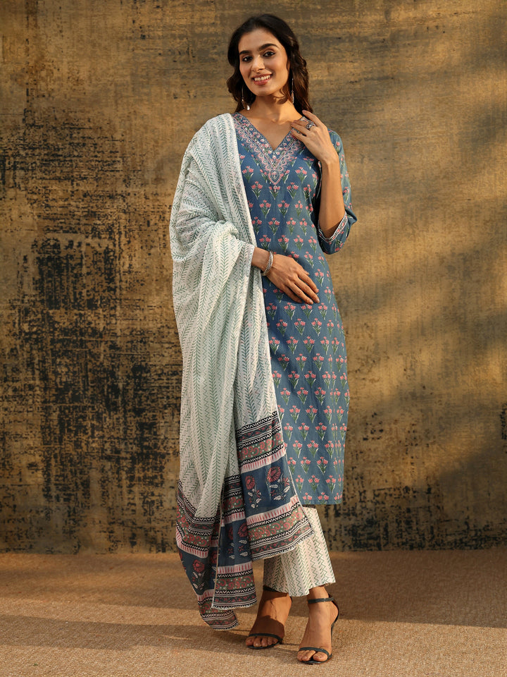 Libas Dusty Indigo Floral Printed Cotton Straight Suit Set