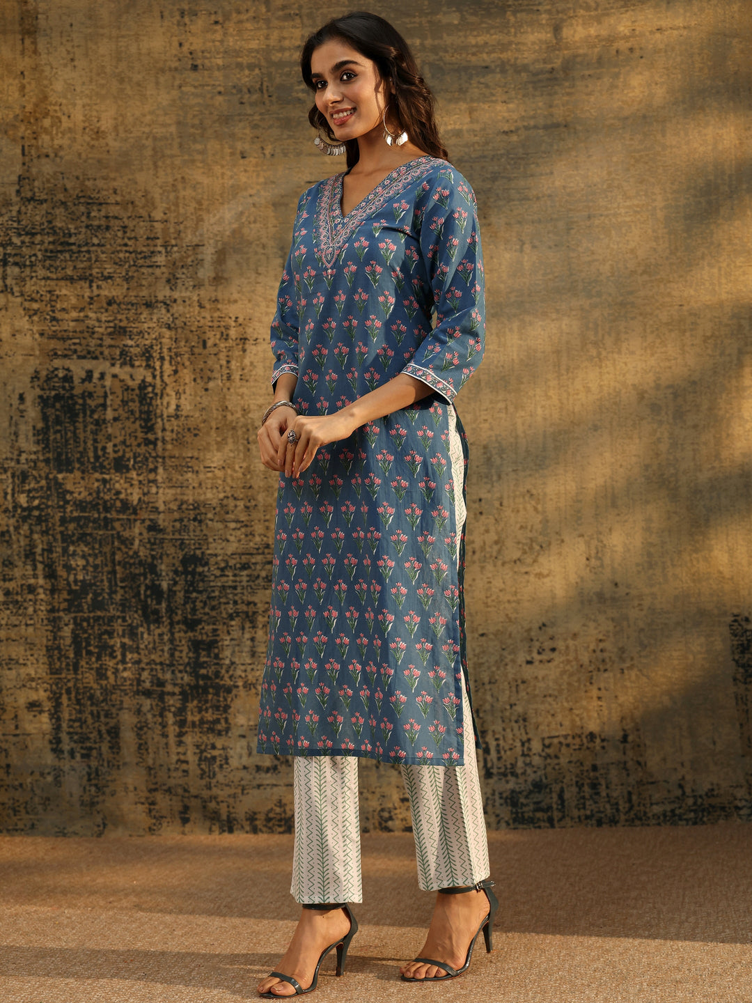 Libas Dusty Indigo Floral Printed Cotton Straight Suit Set