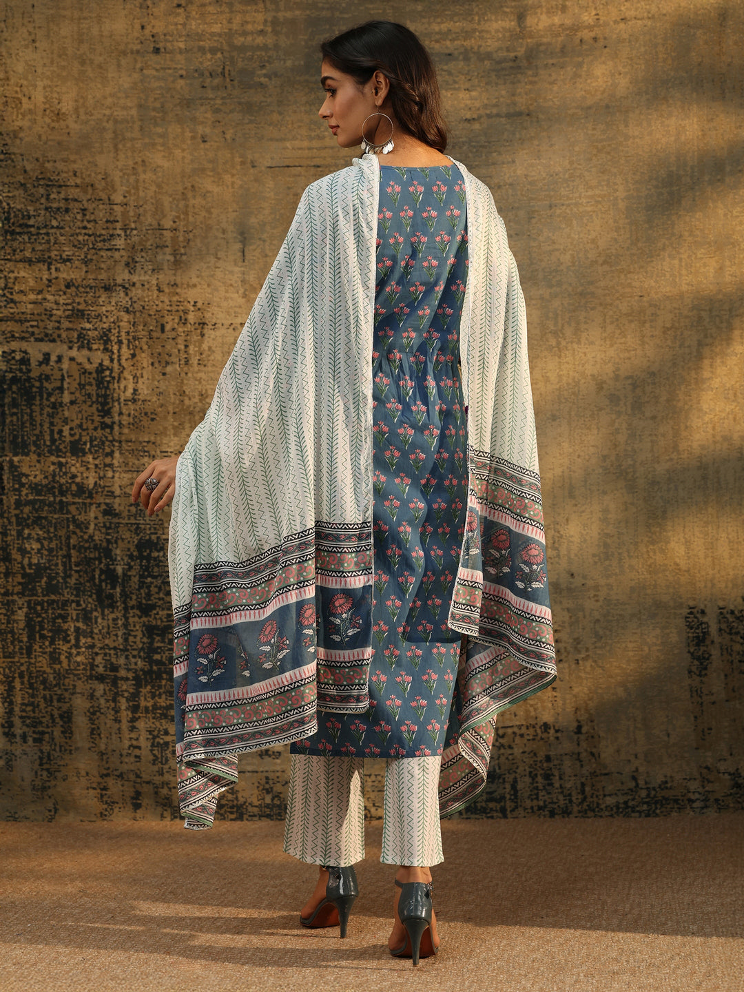 Libas Dusty Indigo Floral Printed Cotton Straight Suit Set