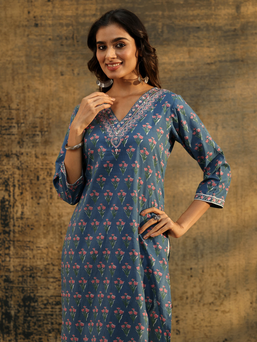 Libas Dusty Indigo Floral Printed Cotton Straight Suit Set