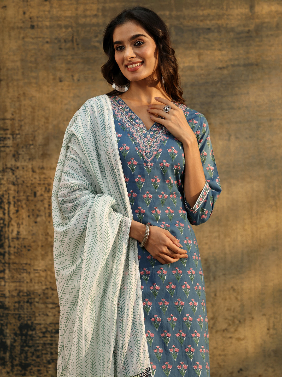 Libas Dusty Indigo Floral Printed Cotton Straight Suit Set
