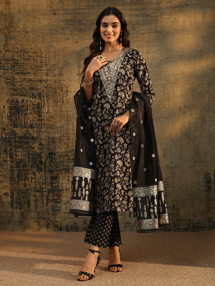 Libas Black Floral Printed Cotton Straight Suit Set