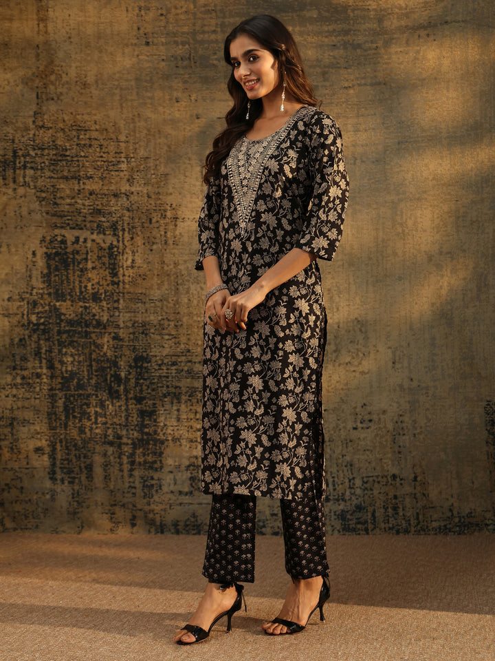 Libas Black Floral Printed Cotton Straight Suit Set