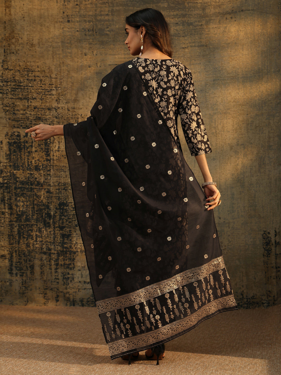 Libas Black Floral Printed Cotton Straight Suit Set