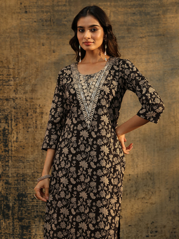Libas Black Floral Printed Cotton Straight Suit Set