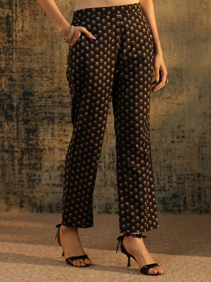 Libas Black Floral Printed Cotton Straight Suit Set