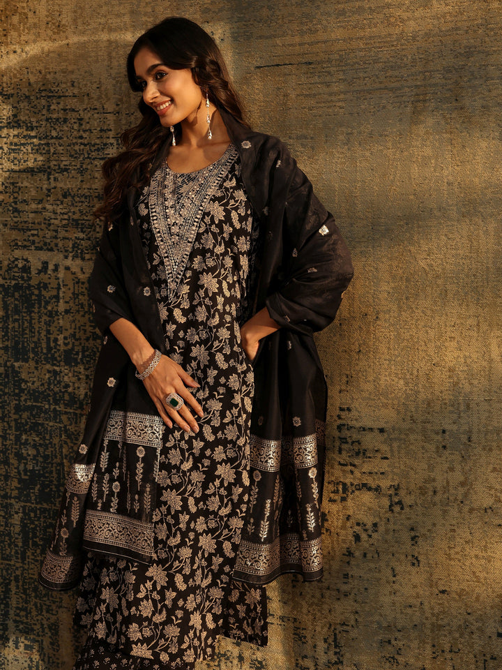 Libas Black Floral Printed Cotton Straight Suit Set