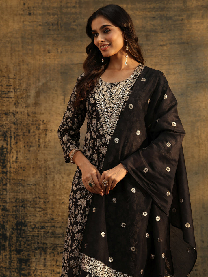 Libas Black Floral Printed Cotton Straight Suit Set