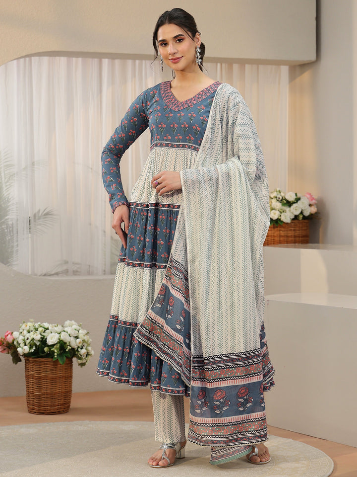 Libas Blue Floral Printed Cotton Anarkali Suit Set