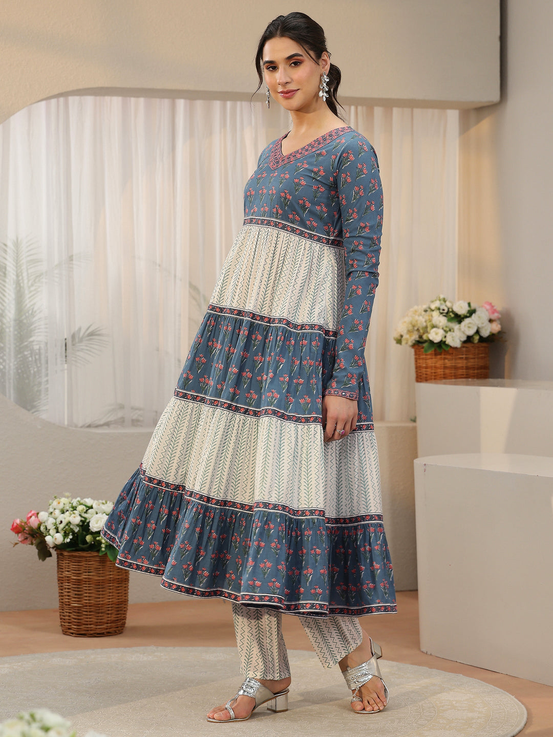 Libas Blue Floral Printed Cotton Anarkali Suit Set