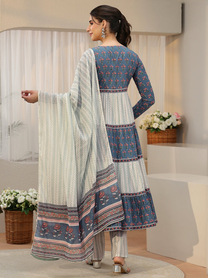 Libas Blue Floral Printed Cotton Anarkali Suit Set