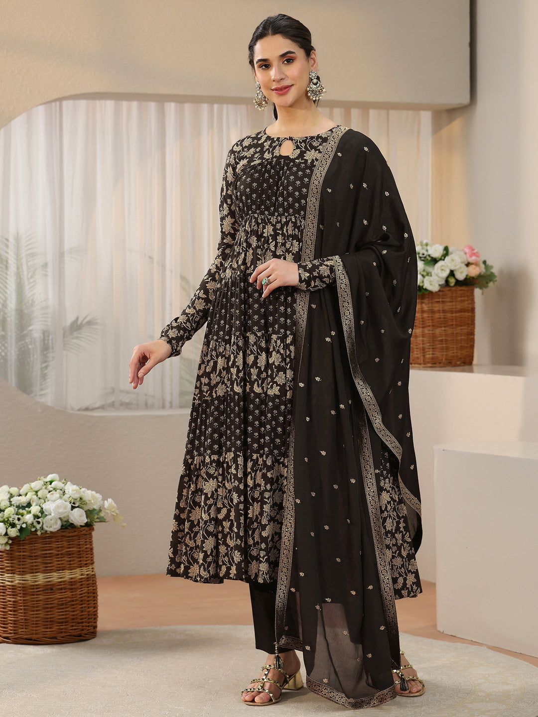 Libas Black Floral Printed Cotton Anarkali Suit Set