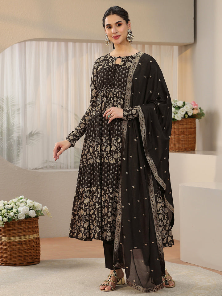 Libas Black Floral Printed Cotton Anarkali Suit Set