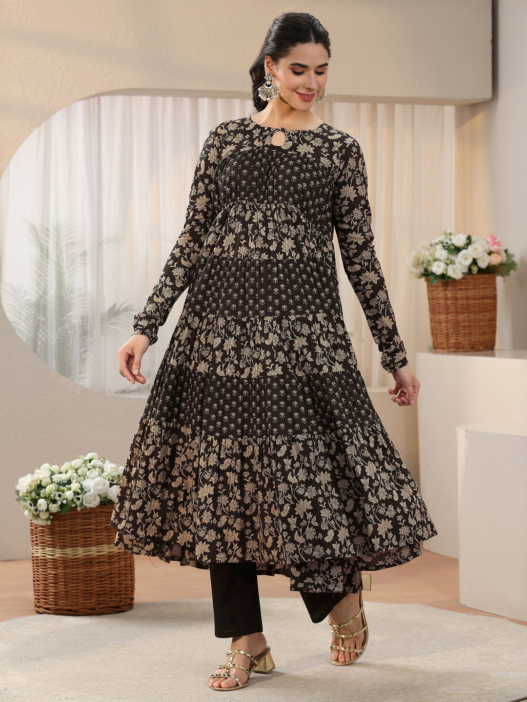 Libas Black Floral Printed Cotton Anarkali Suit Set