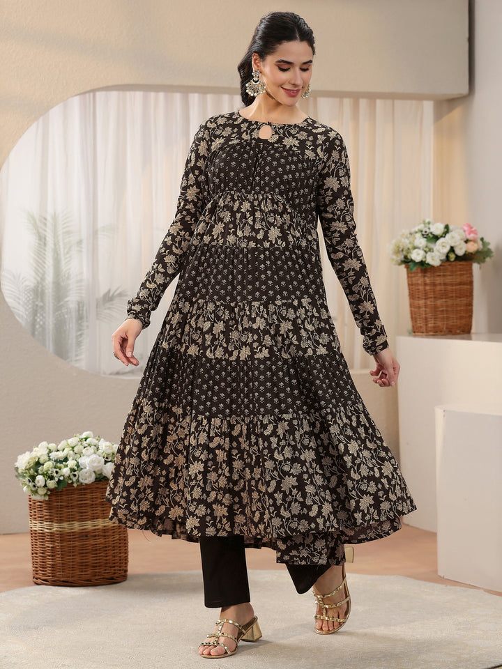 Libas Black Floral Printed Cotton Anarkali Suit Set