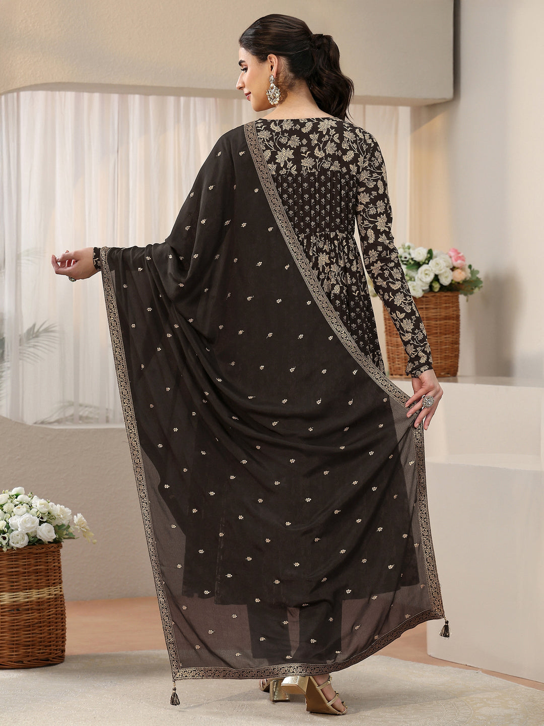 Libas Black Floral Printed Cotton Anarkali Suit Set