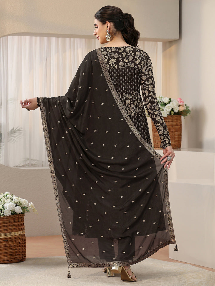 Libas Black Floral Printed Cotton Anarkali Suit Set