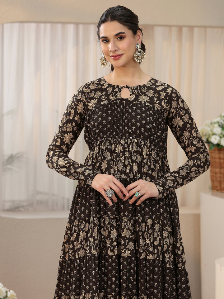 Libas Black Floral Printed Cotton Anarkali Suit Set