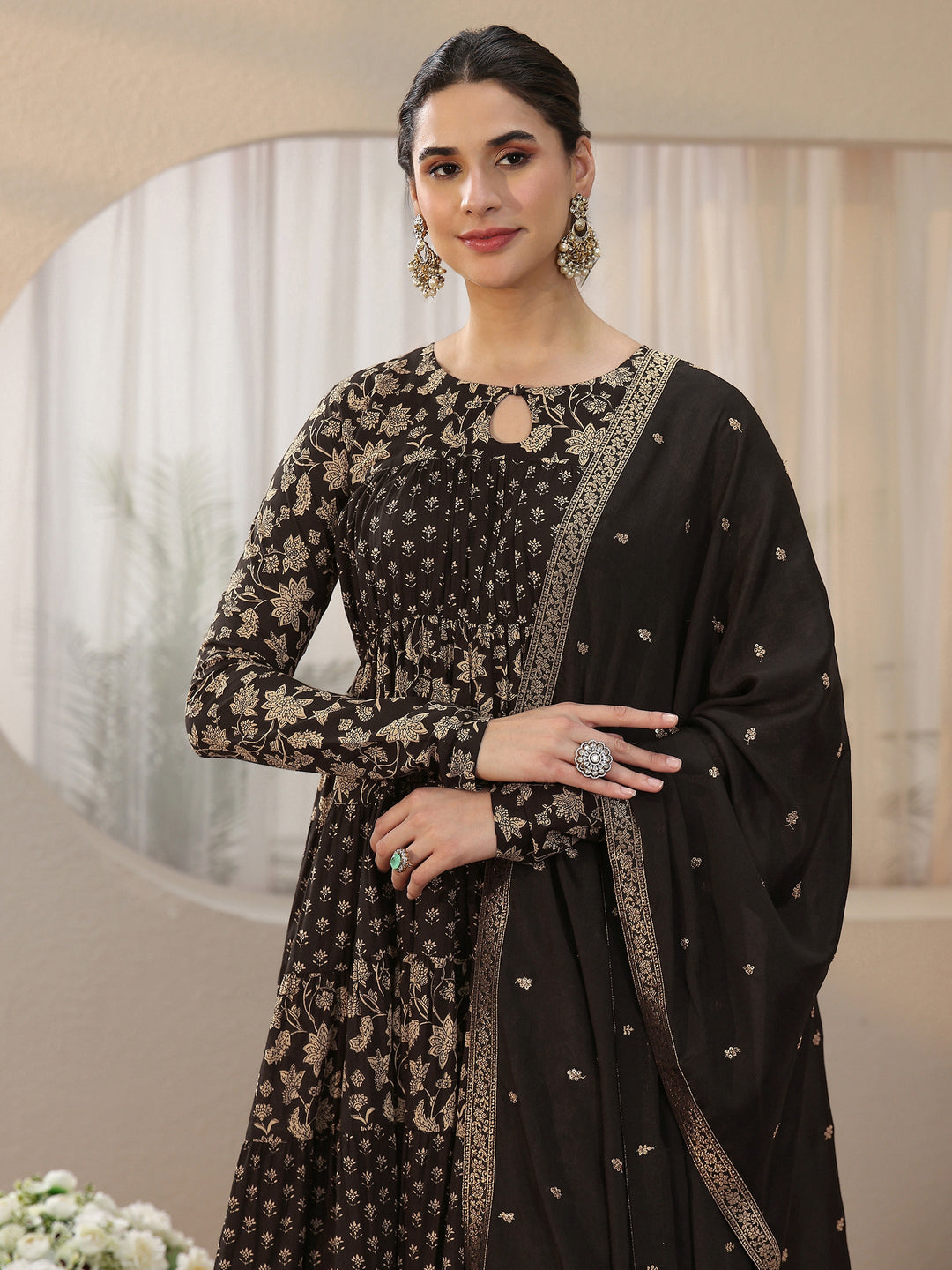 Libas Black Floral Printed Cotton Anarkali Suit Set