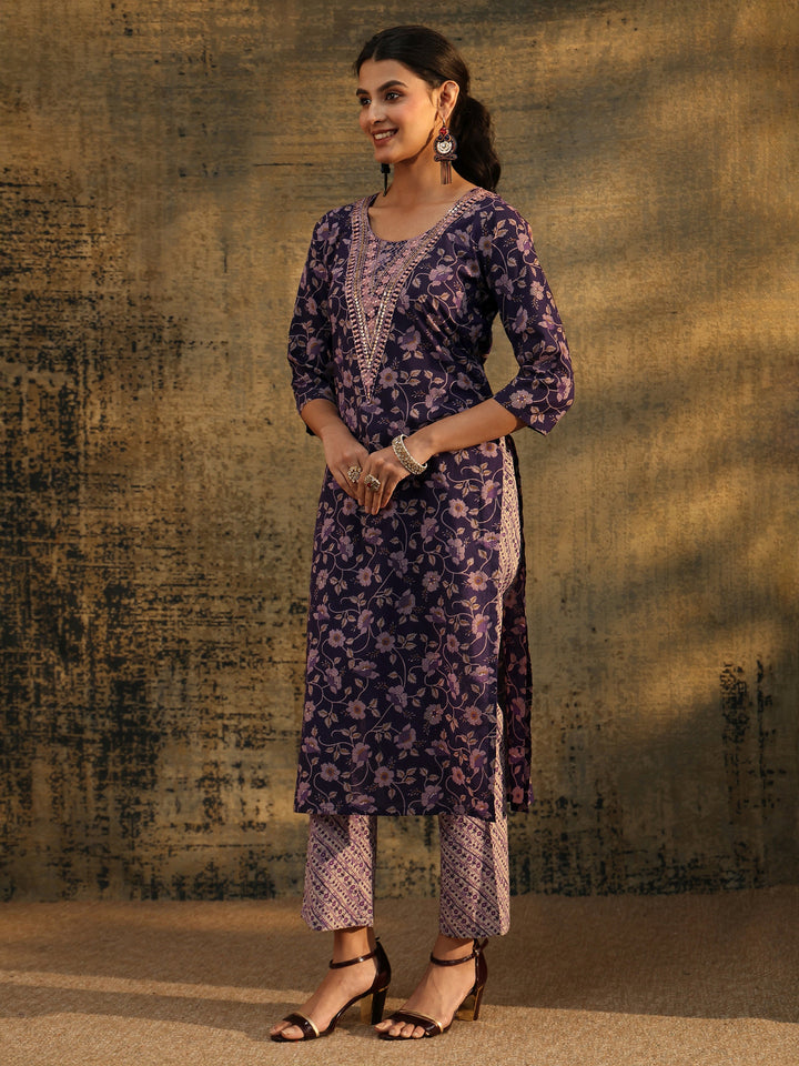 Libas Plum Purple Floral Printed Cotton Straight Suit Set