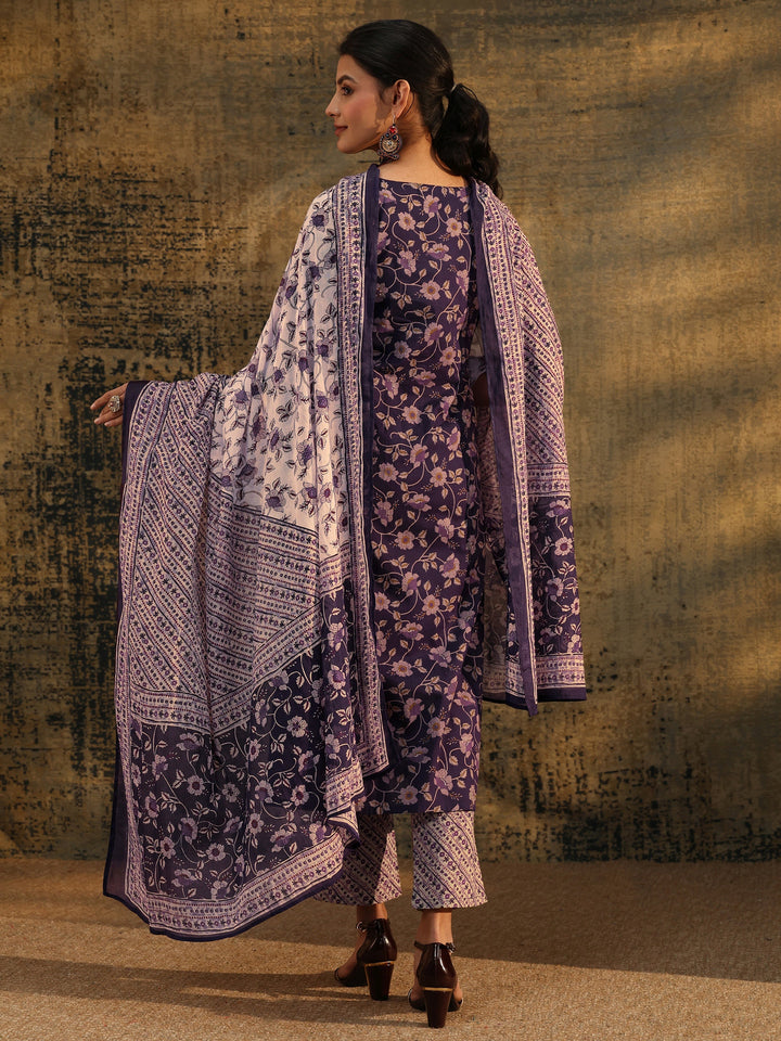 Libas Plum Purple Floral Printed Cotton Straight Suit Set