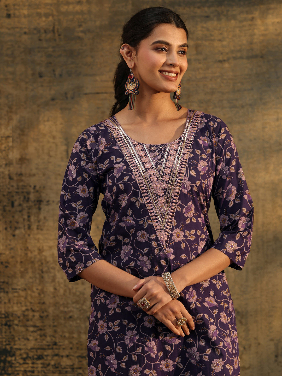 Libas Plum Purple Floral Printed Cotton Straight Suit Set