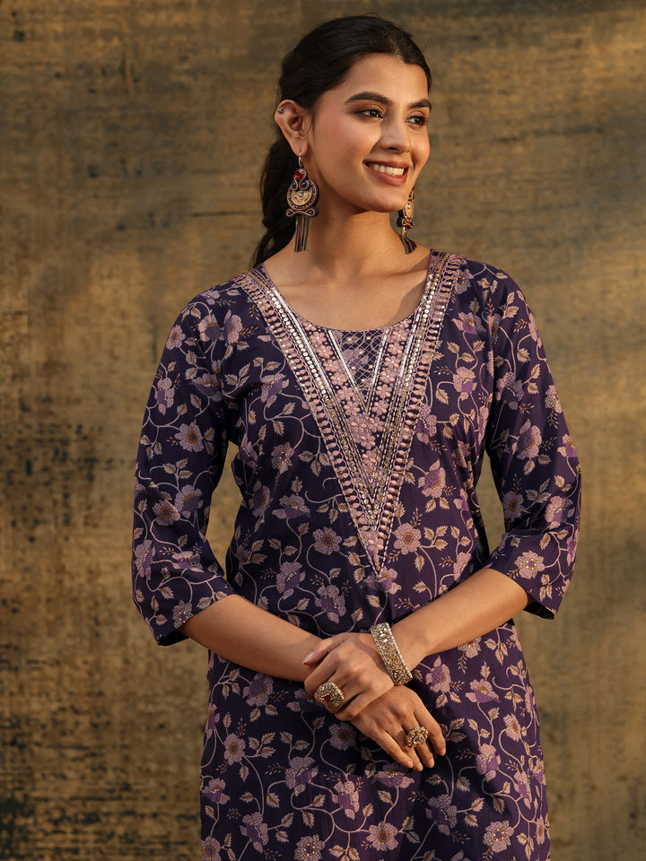 Libas Plum Purple Floral Printed Cotton Straight Suit Set