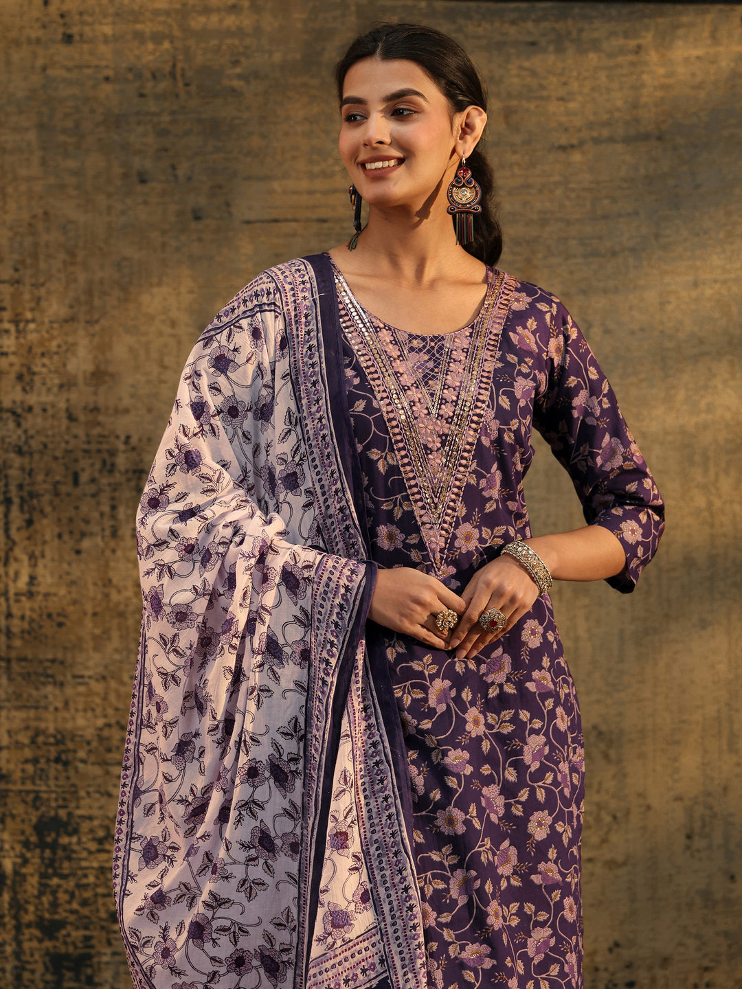 Libas Plum Purple Floral Printed Cotton Straight Suit Set