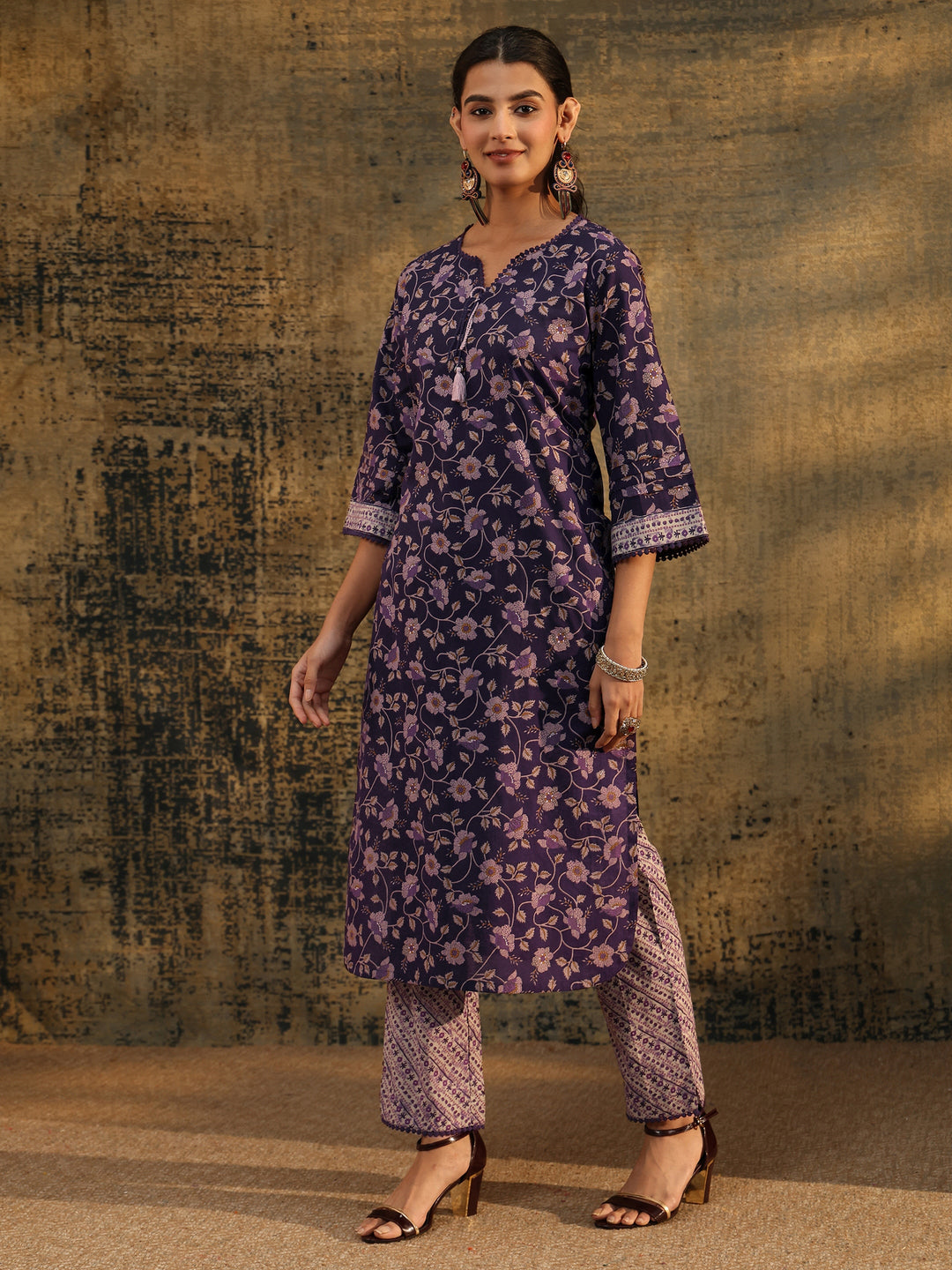 Libas Plum Purple Floral Printed Cotton Straight Suit Set
