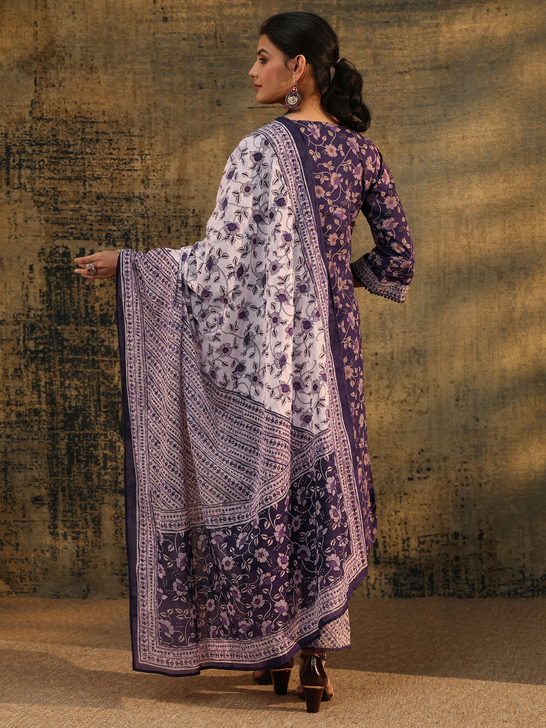 Libas Plum Purple Floral Printed Cotton Straight Suit Set