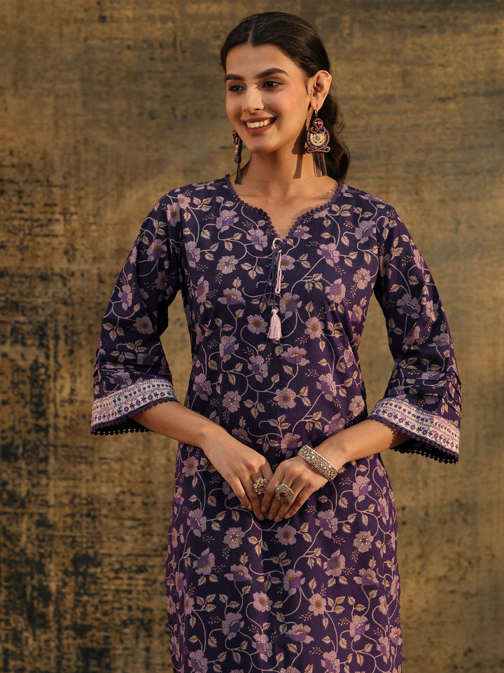 Libas Plum Purple Floral Printed Cotton Straight Suit Set