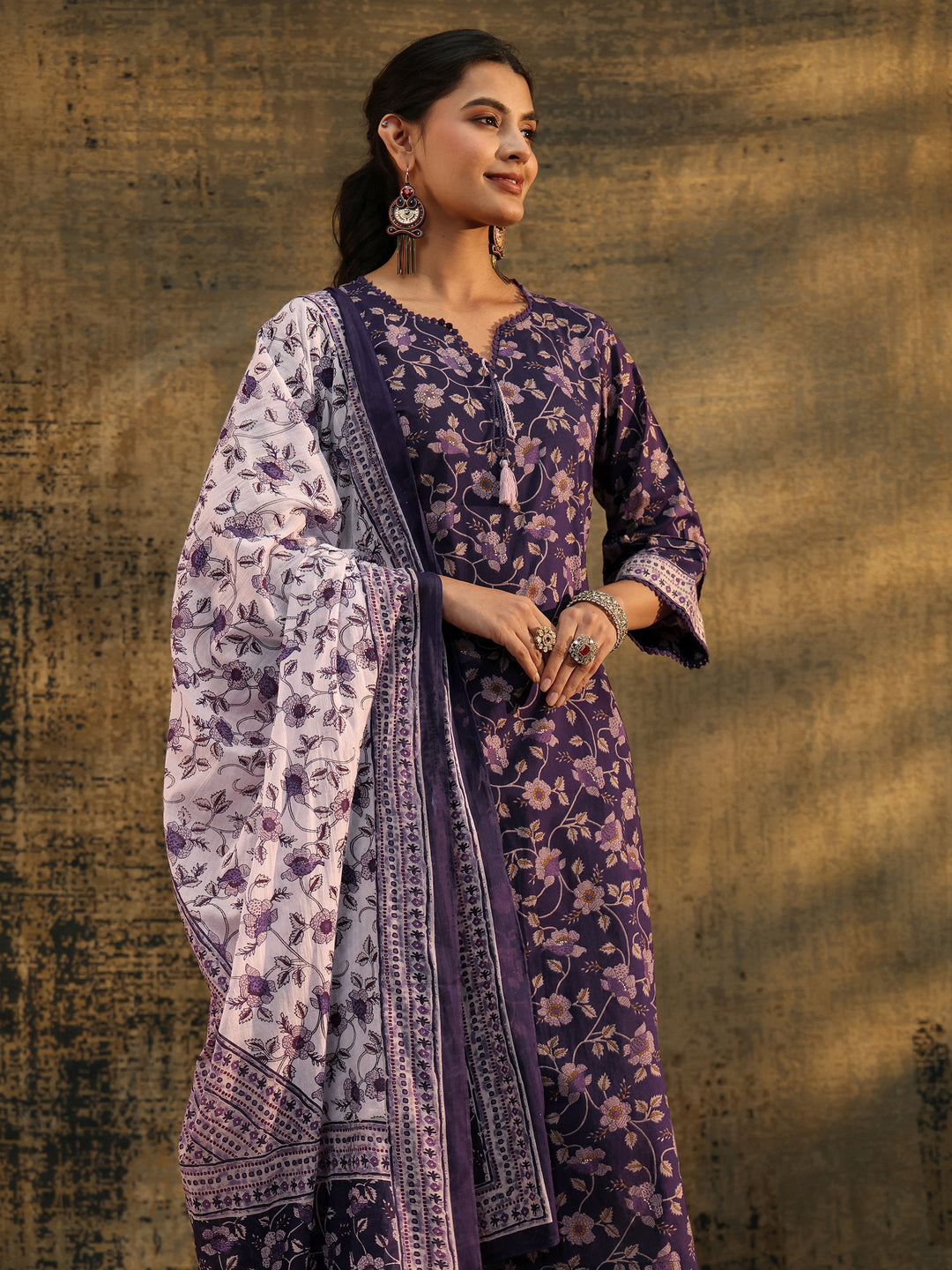 Libas Plum Purple Floral Printed Cotton Straight Suit Set