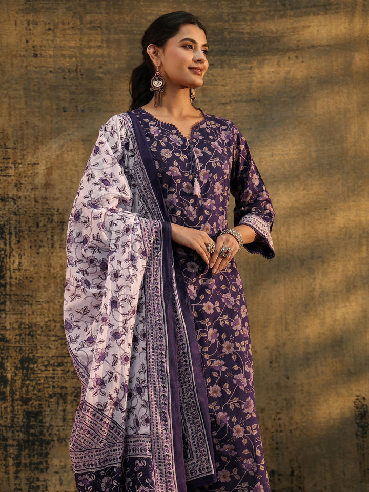 Libas Plum Purple Floral Printed Cotton Straight Suit Set