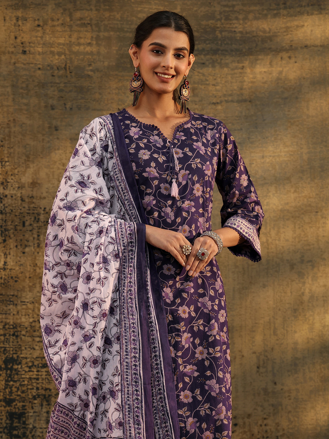 Libas Plum Purple Floral Printed Cotton Straight Suit Set