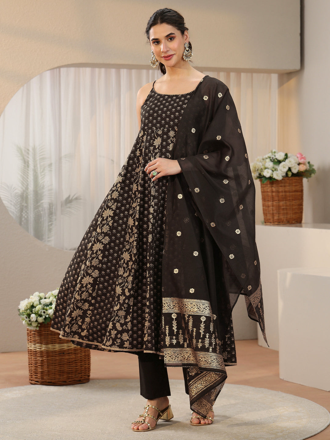 Libas Black Floral Printed Strappy Cotton Anarkali Suit Set