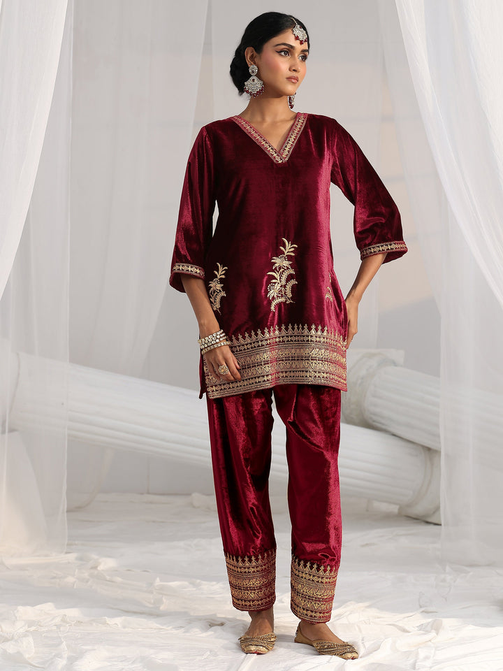 Libas Maroon Embroidered Velvet Co-Ord Set