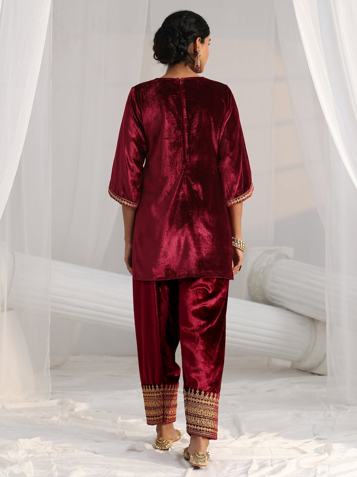 Libas Maroon Embroidered Velvet Co-Ord Set