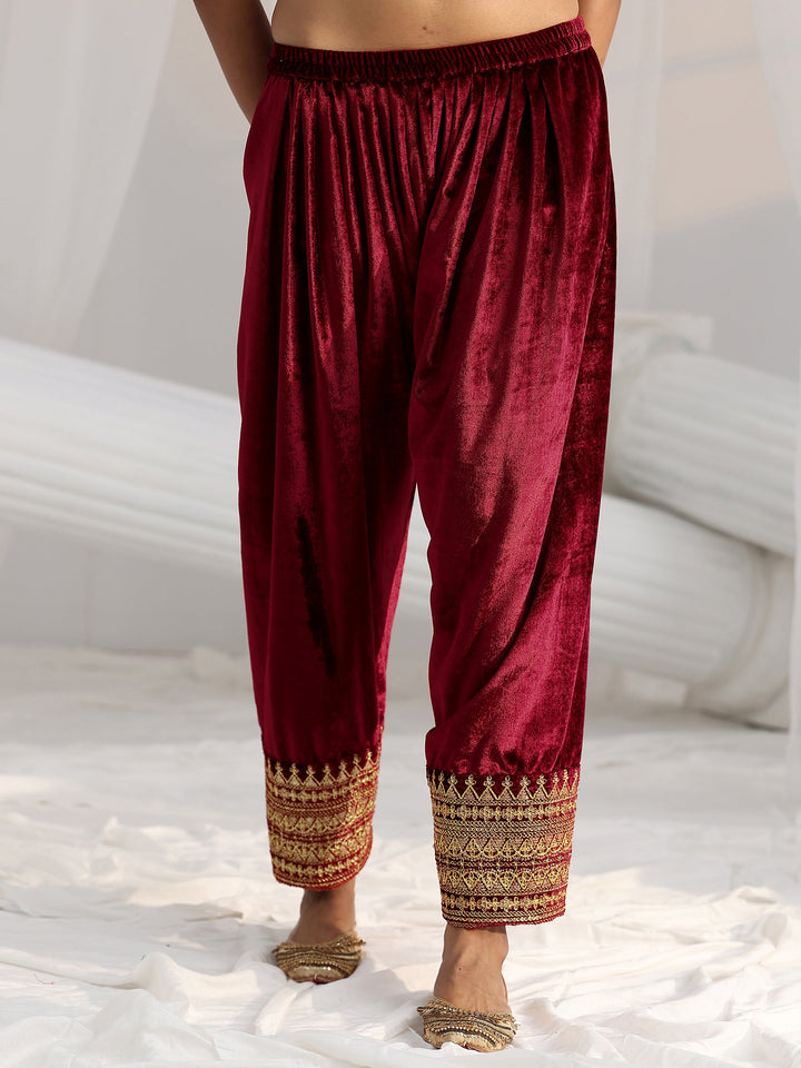 Libas Maroon Embroidered Velvet Co-Ord Set