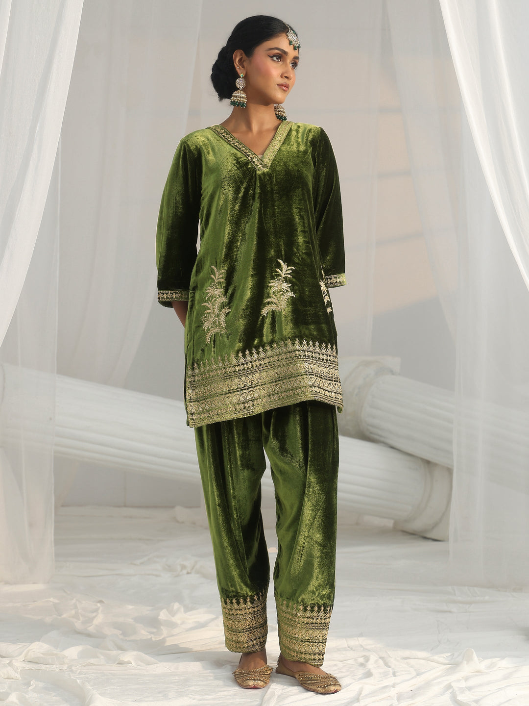 Libas Olive Green Embroidered Velvet Co-Ord Set